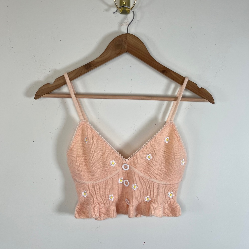 For Love And Lemons Embroidered Buds Knitted Tank Top Peach Pink Womens XS